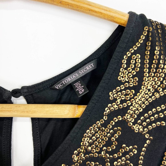 Victoria's Secret black and gold sequin cotton modal empire waist tank top Small - Picture 3 of 8